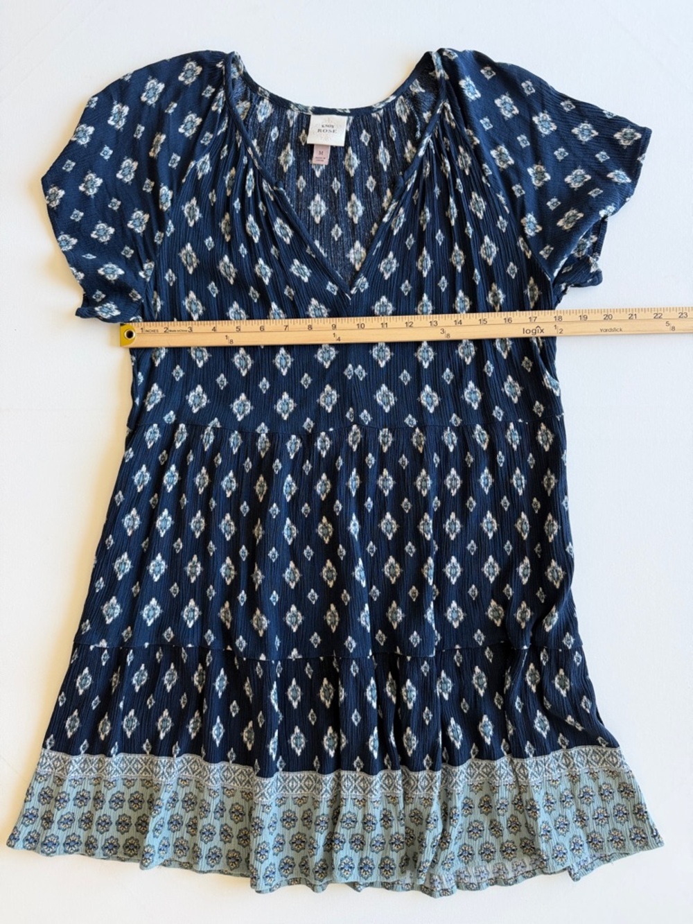 Knox Rose Boho Mini Dress Navy Blue Print Flutter Sleeve Peasant Pockets M - Picture 7 of 10